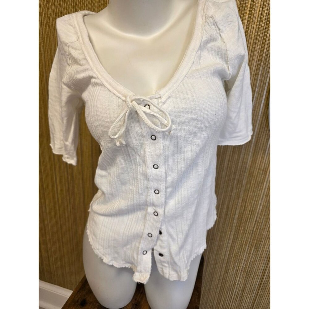 NWOT We The Free Size S Ivory Snap Ribbed Womens Top Tie Cotton